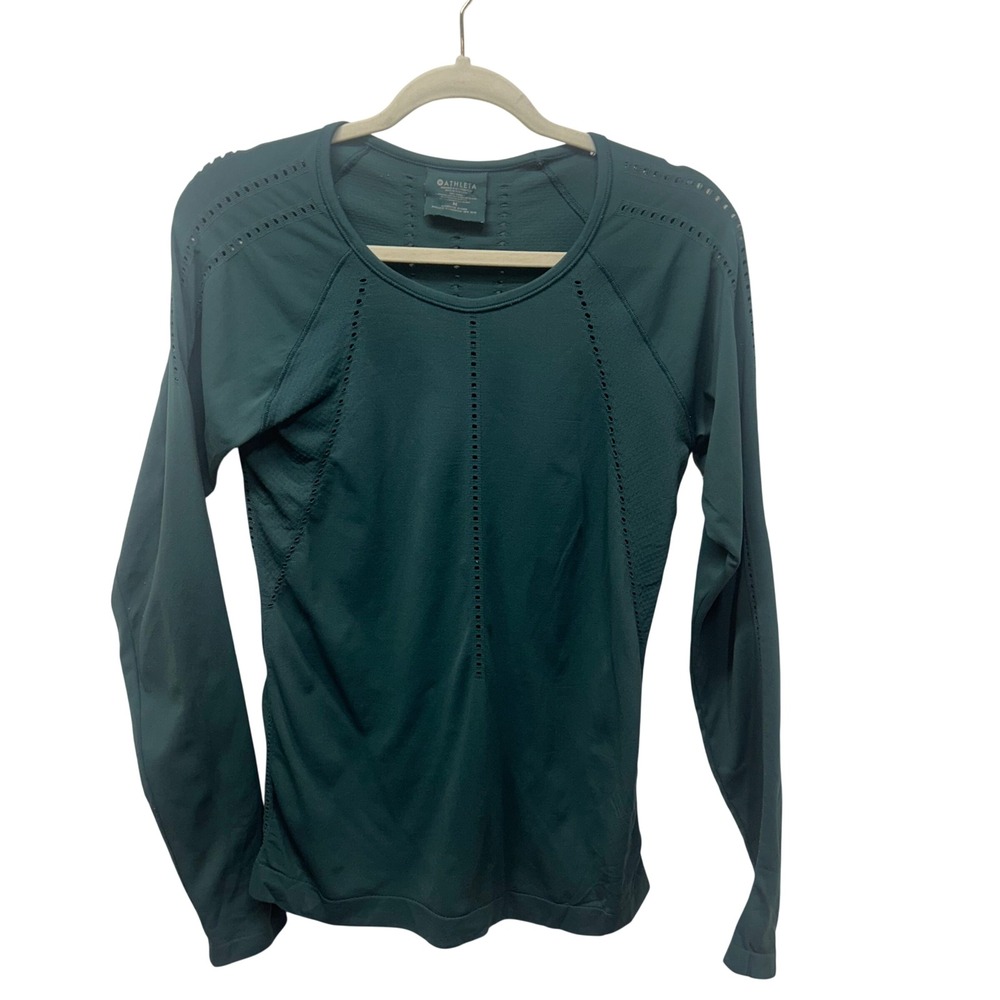 Athleta Momentum Long Sleeve Top Green Pointelle Mesh Athletic Shirt Womens M